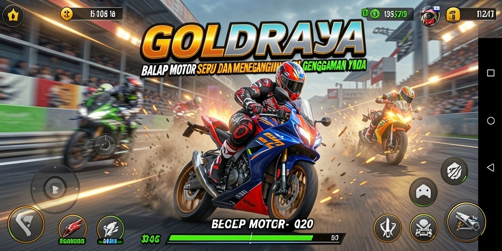 Tampilan gameplay <strong>GOLDRAJA</strong> yang mendebarkan saat balapan motor.
