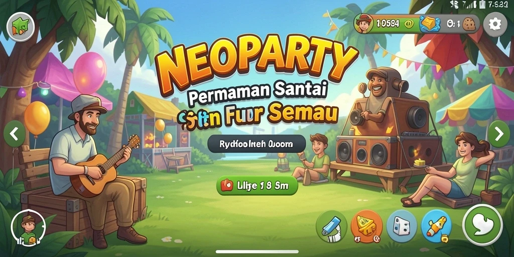 Tampilan gameplay NEOPARTY yang penuh warna dan menyenangkan.