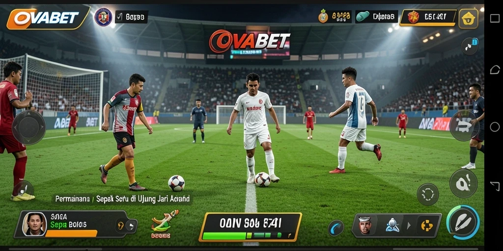 Screenshot gameplay OVABET menunjukkan aksi intens di lapangan sepak bola.