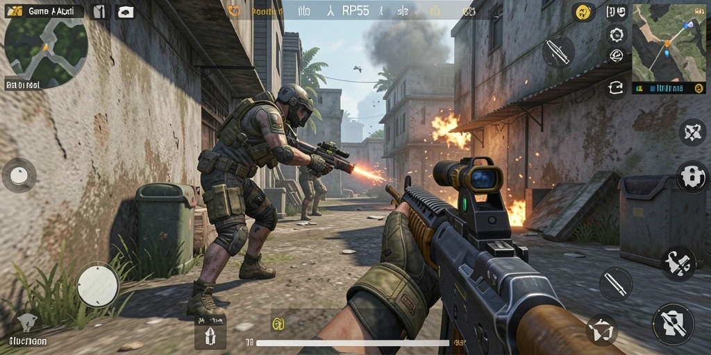 Tangkapan layar gameplay RP55 yang menampilkan aksi tembak-menembak yang intens.